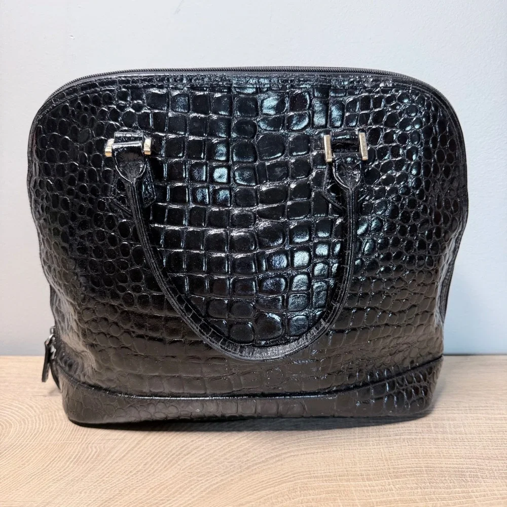 Vintage Lord & Taylor Black Genuine Leather Croc Embossed Dome Satchel Handbag